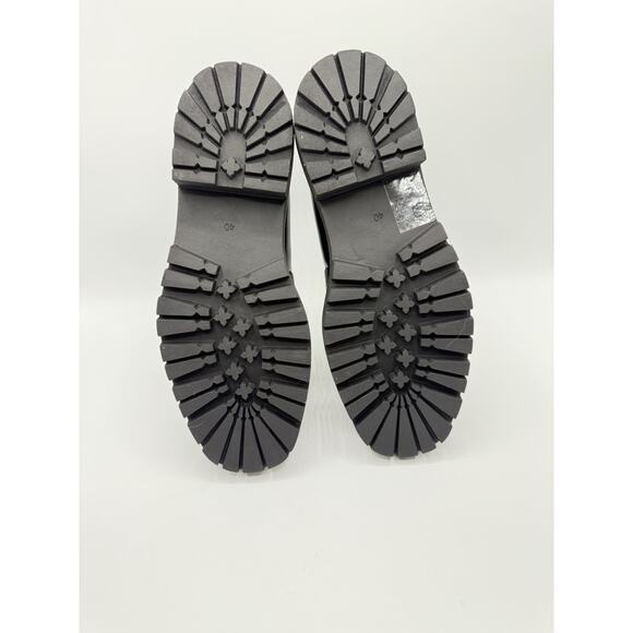 H&M Loafers Womens 9 Black Leather Gold Chain Lug Soles Chunky Platform Boho - Picture 4 of 4